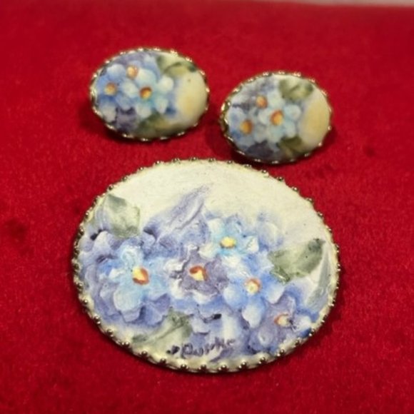 VTG Hand Painted Flowers on Porcelain Brooch Earrings SET - Picture 6 of 7